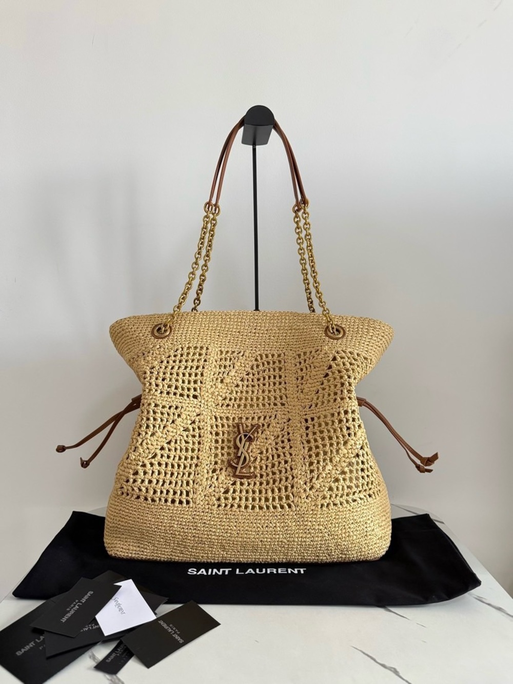 Saint Laurent Beige Crochet Tote with Gold Chain Handles
